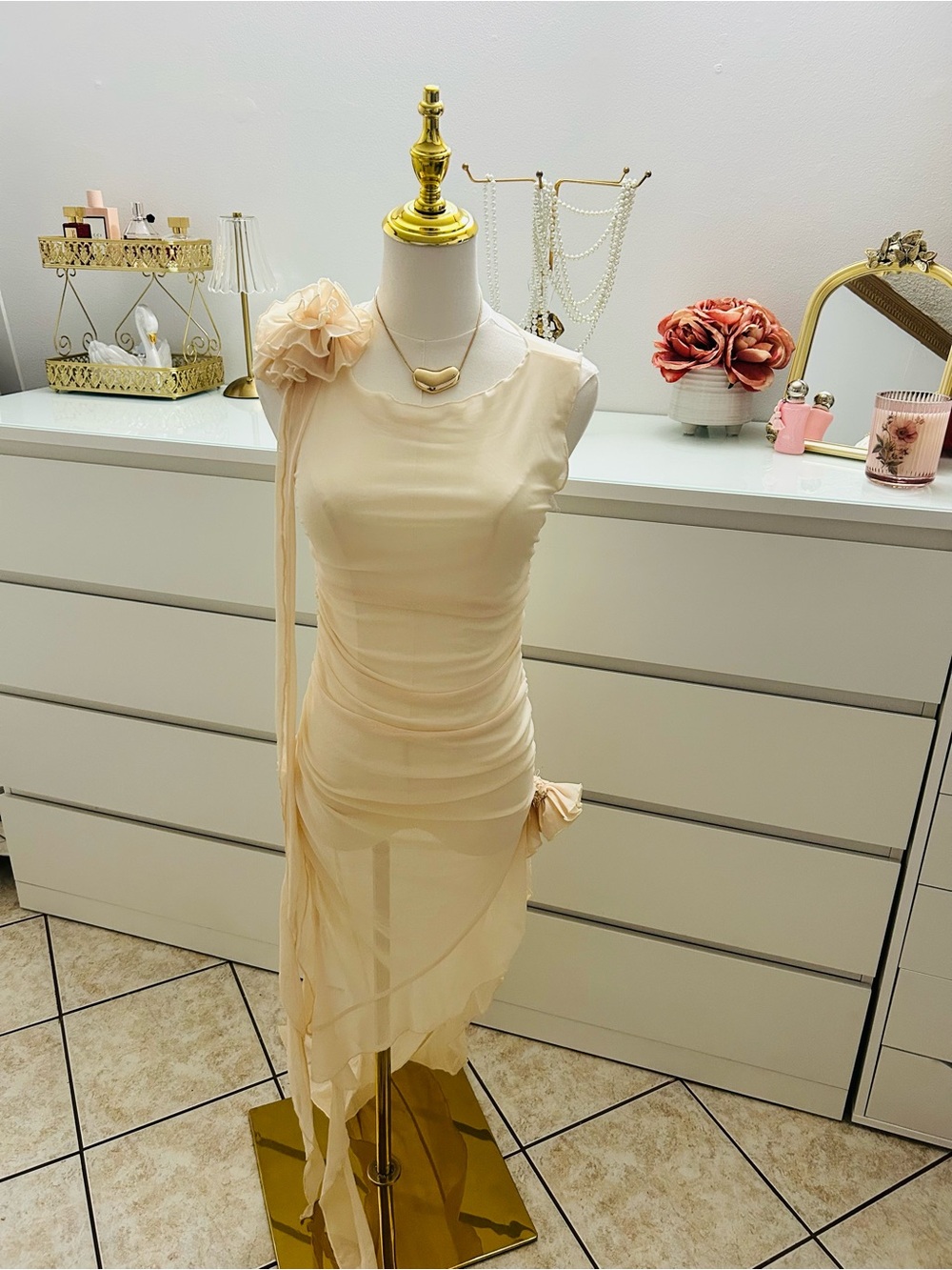 Elegant Cream Chiffon Draped Dress with Floral Accent